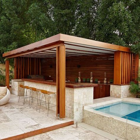 A pergola differs from a gazebo by its roofing style. A gazebo is like a hut, with a tapered roof. A pergola has a flat roof. A Pergola is a solid wooden shade structure, waterproof or sun-resistant that can be used to protect you from the sun and rain, allowing you to enjoy your outdoor living space all year long. #dubaiexteriors #dubaiexteriordesign #dubaidesign #dubaidecor #dubaidesigners #dubaidesign #exteriordubai #dubaihomes #dubaidesigner #dubaivillaexteriors Pool Side Gazebo, Inground Pool Landscaping, Small Pergola, Contracting Company, Wooden Shades, Pergola Design, Outside Decorations, Outdoor Living Spaces, Pool Side