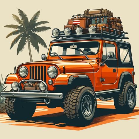 Jeep Wrangler Illustration, Jeep Illustration, Jeep Drawing, Jeep Covers, Jeep Art, Off Road Jeep, Vehicle Illustration, Cj Jeep, Mountain Drawing