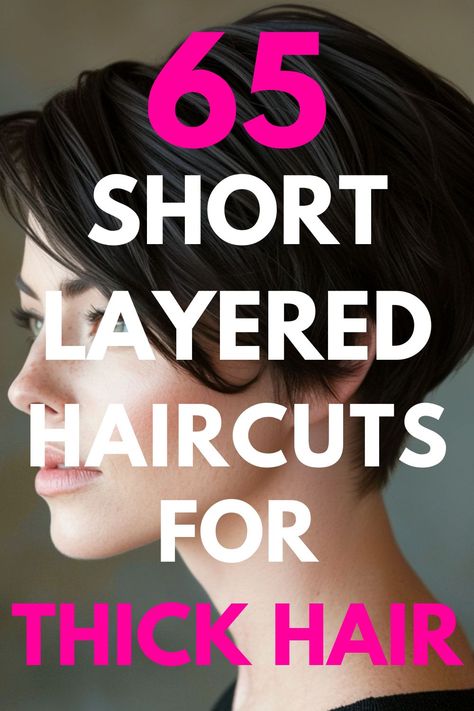 65 Short Layered Haircuts for Thick Hair headline over an image of a Cropped Curly Layers Haircut on a woman with short dark brown hair, side view. Layered Haircuts For Thick Hair, Short Angled Bobs, A Line Haircut, Thick Coarse Hair, Easy Short Haircuts, Mirror Shots, Angled Bob Haircuts, Subtle Layers, Stacked Haircuts