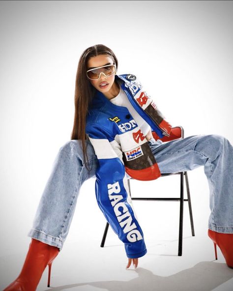 Street Racing Aesthetic Outfit, Racing Inspired Outfit, Racecar Outfits, Race Girl Outfit, Racing Photoshoot, Racer Costume, Streetwear Photoshoot, Fashion Process, Race Outfit