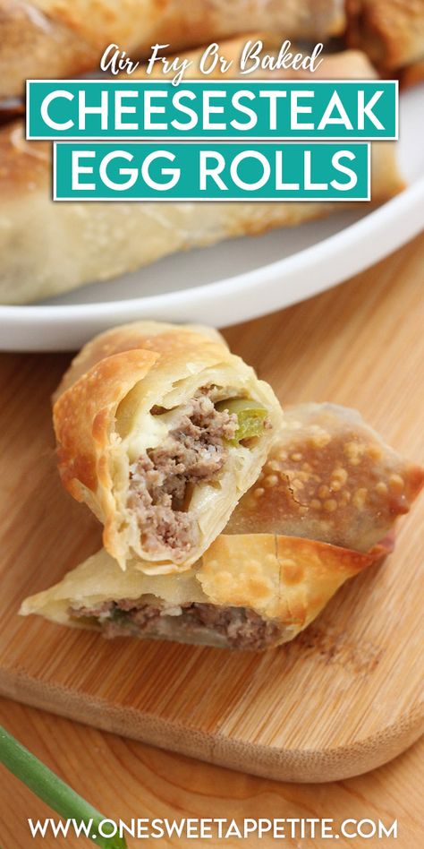 Baked Philly Cheesesteak Egg Rolls Cheese Steak Egg Rolls Air Fryer, Philly Cheesesteak Eggrolls, Baked Eggrolls, Cheese Steak Egg Rolls, Cheesesteak Eggrolls, Egg Rolls Baked, Philly Cheesesteak Egg Rolls, Wrapper Recipes, Egg Roll Ingredients