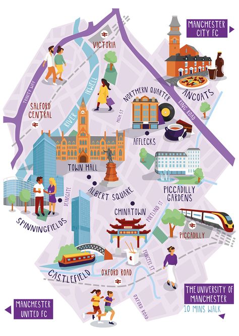 map illustration of manchester city centre for Manchester University Manchester Illustration, Manchester Tourism, Manchester Oxford Road, Barcelona City Map, Manchester Map, City Maps Illustration, Victoria City, Illustration Map, Manchester University