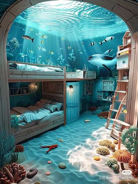 Underwater Homes, Fun Beds, Sea Bedrooms, Underwater Room, Bedroom Inspiration Cozy, Underwater House, Amazing Bedroom Designs, Ocean Room, Beach Themed Bedroom