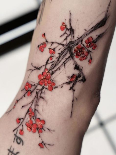 Plum Blossom Tattoo Tato Back, Hand Tato, Amazon Y2k, Overalls Y2k, Cherry Tree Tattoos, Outfits Overalls, Background Y2k, Orange Y2k, Kpop Y2k