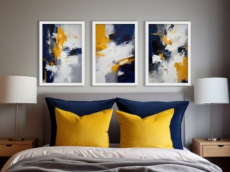 Navy Blue, Mustard Yellow, White and Grey Abstract Wall Art Modern, Contemporary, Home Decor, Print, Poster, Printable, Instant Download - Etsy Mustard Blue Living Room, Navy Blue Mustard Yellow Bedroom, Navy Blue And Yellow Bedroom Ideas, Grey And Mustard Bedroom, Navy Blue And Yellow Bedroom, Mustard And Grey Bedroom, Blue And Mustard Living Room, Bedroom Inspirations Black, Blue Yellow Bedrooms