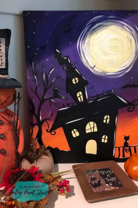 Who is looking for a fun Halloween project to do? 🙋‍♀️ Anyone will enjoy themselves painting this haunted house, not just kids. I wanted to share this easy painting tutorial because I think we are all looking for fun ideas to do for Halloween! No matter your current schooling situation, I have no doubt that we all need a little more time in art class! This haunted house painting tutorial is a great art lesson for artists of all levels to let loose and get creative! #thesocialeasel #halloween Haunted House Painting, Social Easel, Fall Rocks, Halloween Canvas Paintings, Halloween Canvas Art, Silk Painting Techniques, Fall Paintings, Halloween Kunst, Fabric Painting Techniques