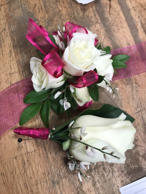 hot pink ribbon with white spray rose corsage with matching boutonniere Boutineer Ideas Homecoming, Hot Pink Corsage And Boutonniere, Hot Pink Corsage, Spray Rose Corsage, Prom Corsage White, Prom Corsage Diy, Boutineer Ideas, White Spray Rose, Prom Flowers Corsage