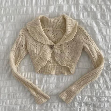 for sale on my depop, linked below!!! the most adorable coquette sweater so cute for layering over a dress very warm tie front outfit inspo cottage core inspiration Coquette Sweater, Diy Outfits, Mori Fashion, Knit Wear, Future Style, Crochet Inspo, White Sweater, Vintage Shop, Knit Fashion