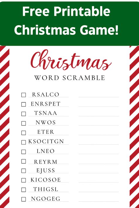 This free printable Christmas word scramble is a fun word game and printable activity for Christmas!  Print it off for your Christmas party, classroom, or family gatherings for a little friendly holiday competition! Christmas Unscramble Words Free, Holiday Word Scramble, Fun Christmas Games For Family Free Printable, Christmas Scramble Free Printable, Christmas Word Games Free Printable, Christmas Games Printable Free, Free Christmas Games For Family, Christmas Word Scramble Free Printable, Free Christmas Printable Games