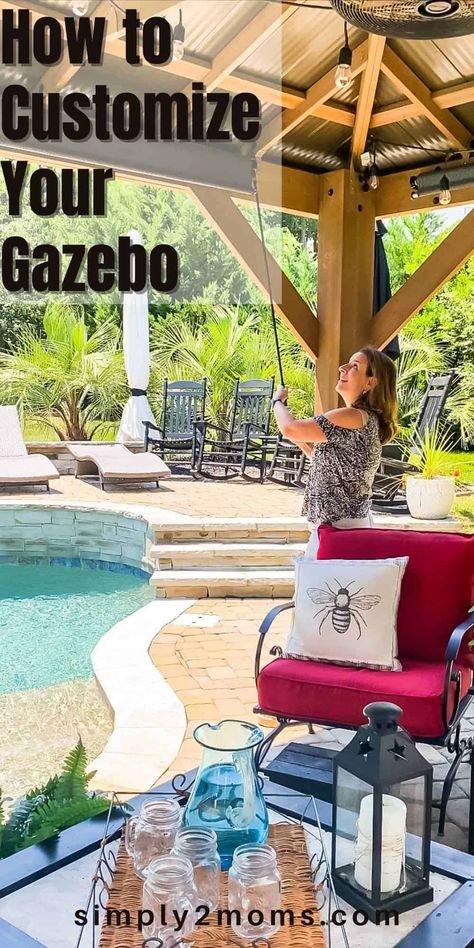 Patios With Gazebos Backyard Ideas, Outdoor Patio Ideas With Gazebo, All Season Gazebo Ideas, Gazebo Ideas Backyard With Pool, Costco Patio Gazebo, Gazebo Next To Pool, Pool Gazebo Decorating Ideas, Styling A Gazebo, Back Porch Gazebo Patio Ideas