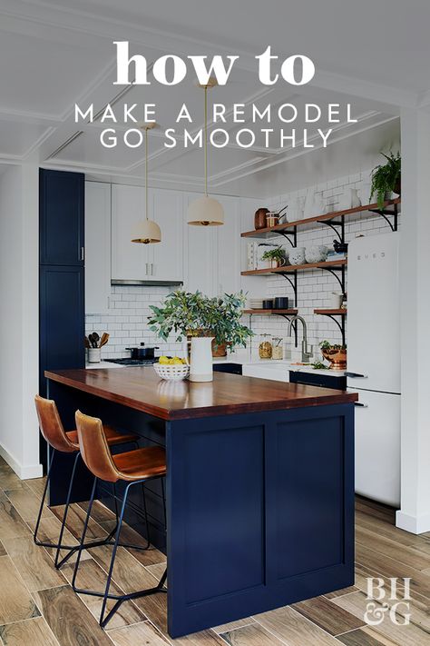 Any home remodeling project can seem overwhelming, but it's guaranteed to go better if you know a couple of insider tips and tricks. Here are 18 home renovation tips from remodeling professionals #homerenovation #remodel #tips #cost #howto #bhg Small Kitchen Colors, Remodeled Kitchens, Dark Blue Kitchens, Farmhouse Kitchen Colors, Blue Kitchen Cabinets, Mansion Designs, Mid Century Modern Kitchen, Wooden Floors, Kitchen Color