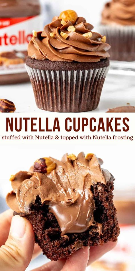 These Nutella cupcakes are the ultimate recipe for Nutella lovers. Moist chocolate cupcakes are stuffed with a dollop of Nutella and decorated with the creamiest Nutella frosting. #nutella #cupcakes #nutellastuffedcupcakes #nutellafrosting #chocolatecupcakes #Nutellarecipes from Just So Tasty Filled Chocolate Cupcakes, Cupcakes Flores, Nutella Frosting, Nutella Cupcakes, Nutella Buttercream, Baked Desserts, Nutella Desserts, Homemade Nutella, Filled Cupcakes