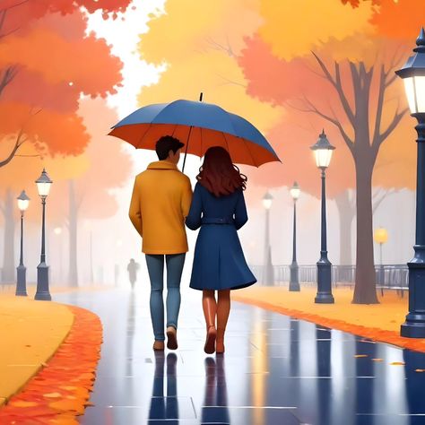 Prompt: A couple walking together under colorful umbrellas in a rainy autumn park with vibrant orange, yellow and red trees and street lamps. Made @freepik #AI #FreepikAI #artificialintelligence #aiprompts Couples Under Umbrella, Kat Singleton, Random Painting, Umbrella Illustration, Rainy Autumn, Red Trees, Walking Together, Couple Walking, Romantic Wall Art