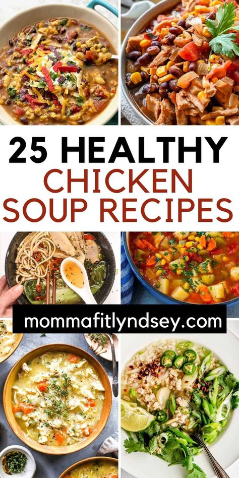 Here are 25 healthy chicken soup recipes that include simple chicken noodle soup, hearty stew and chili recipes with vegetables, soup for colds, heart healthy and creamy recipes. Lots of these recipes are made in the crock pot or slow cooker, Instant Pot or on the stovetop. Heart Healthy Recipes Dinner, Heathy Soup, Simple Chicken Noodle Soup, Soup For Colds, Healthy Chicken Soup Recipes, Recipes With Vegetables, Heart Healthy Soup, High Blood Pressure Diet Meals, Hearty Chicken Soup