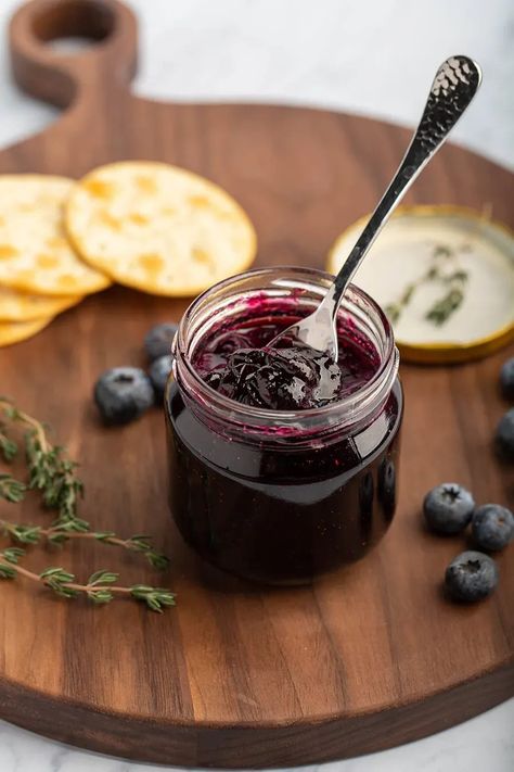 Small Batch Blueberry Thyme Jam | Sweet, lemony, & earthy. Super easy & good on yogurt, cheesecake & charcuterie board. #blueberry #thyme #jam #lemon #smallbatch #easyrecipe #breakfast #breakfastrecipe #dessert #condiment | The Missing Lokness Yogurt Cheesecake, Cottagecore Recipes, Jam And Jelly, Blueberry Jam, Plain Yogurt, Soft Cheese, Jams & Jellies, Amazing Recipes, Coconut Sugar