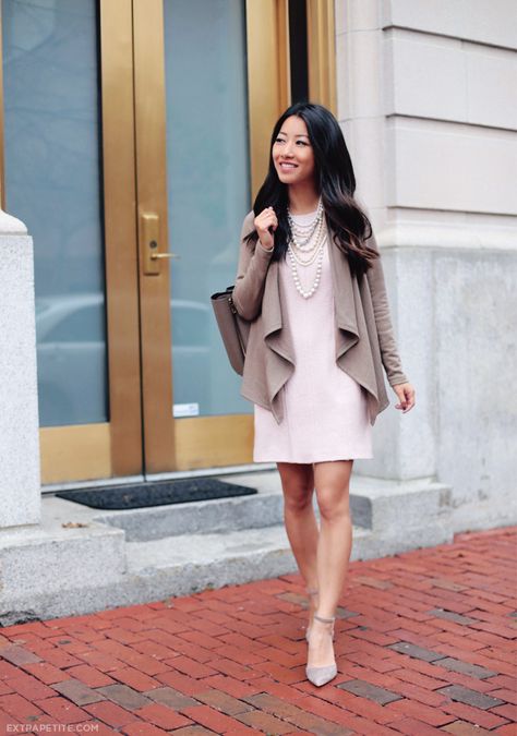 ExtraPetite.com - Pretty in Pink   Taupe Pink Dress With Cardigan, Shift Dress Outfit Winter, Shift Dress Outfit, Taupe Outfit, Pink Dress Outfit, Dress Outfit Winter, Pale Pink Dress, Extra Petite, Look Formal