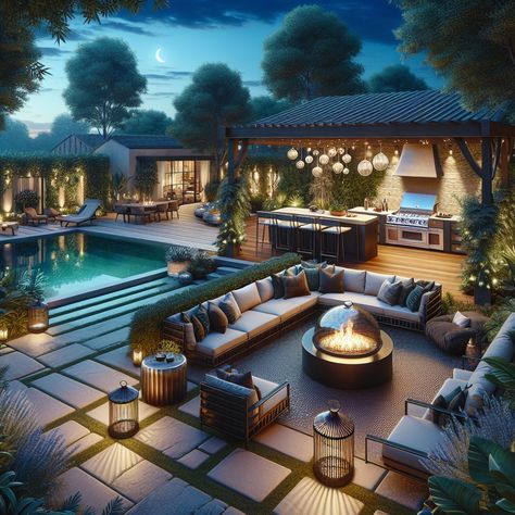 A bachelor's haven with a rustic patio featuring a cozy fire pit, chic couch set, gourmet BBQ station, and inviting bar counter. Also includes mini golf and a serene lap pool. #OutdoorOasis #BachelorPad #PatioDesign #BBQStation #MiniGolf #LapPool Bbq Station, Cozy Fire Pit, Rustic Patio, Outdoor Patio Designs, Sims Ideas, Rest House, Lap Pool, Couch Set, Backyard Living