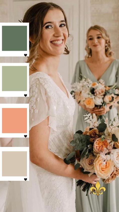 Romantic soft wedding color palette. Soft green, sage green, soft orange, ivory, and nudes wedding color. Hand beaded sheath wedding dress from London designer. Orange And Green Wedding Colors Colour Palettes, Sage Green Peach Grey Wedding, Sage Green And Light Orange Wedding, Peach Green White Wedding Color Schemes, Sage Green And Pastel Orange Wedding, Sage Green And Orange Wedding Theme, Orange Sage Wedding, Apricot Wedding Dress, Sage Green And Apricot Wedding