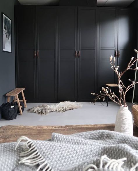 a stylish moody walk in closet design Dark Wardrobe Bedroom, Walking Closet Ideas, Armoire Pax, Loft Area, Ikea Wardrobe, Ikea Pax Wardrobe, Ikea Bedroom, Pax Wardrobe, Dark Bedroom