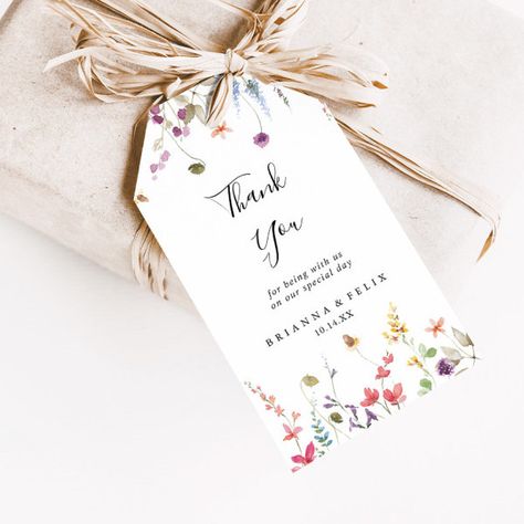 Classic Colorful Wild Floral Wedding Thank You  Gift Tags Green Watercolor Background, White Wild Flowers, Modern Wedding Reception, Wedding Thank You Gifts, Short Message, Wedding Favor Tags, Green Watercolor, Newlywed Gifts, Free Birthday Invitations