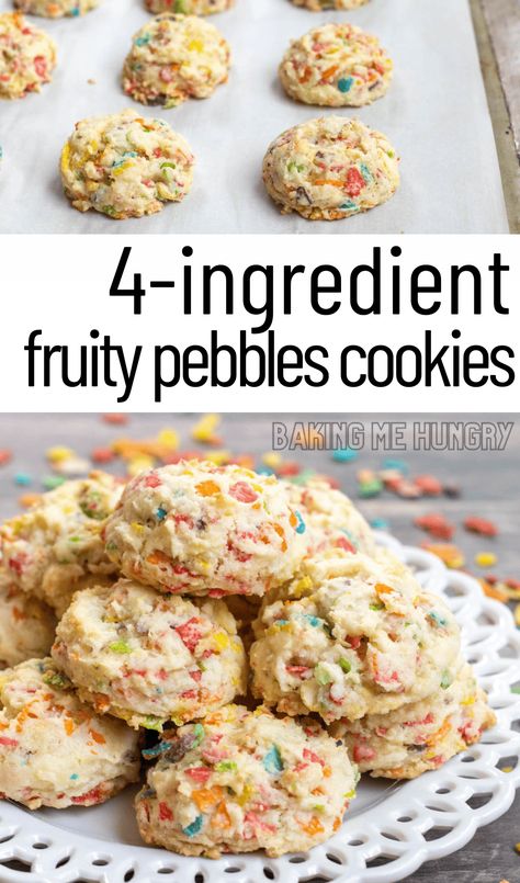 Fruity Pebbles Cookies with cake mix are the best cereal cookies there is! With four simple ingredients needed, cereal lovers will love them! Fruity Pebbles Cookies Cake Mixes, Fruity Pebbles Recipes, Fruity Pebbles Cookies, Fruity Pebble Cookies, Coconut Pecan Cookies, Pebbles Cereal, Fruity Pebbles Cereal, Cereal Cookies, Ice Cream Drinks