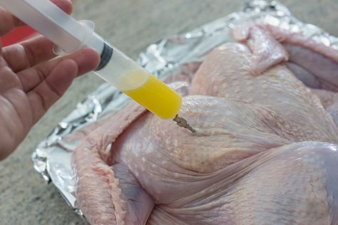 Check out this easy way to make the best #Thanksgiving turkey ever.  Simply add butter to one of those grocery store injection sets and you'll have the best tasting turkey you've ever had! #recipe Inject A Turkey Recipes, Home Made Turkey Injection, Recipes For Injecting A Turkey, Garlic Herb Butter Turkey Injection, What To Inject In A Turkey, Injection Turkey Recipes, Injecting A Turkey With Butter, Injections For Turkey, Turkey Flavor Injections