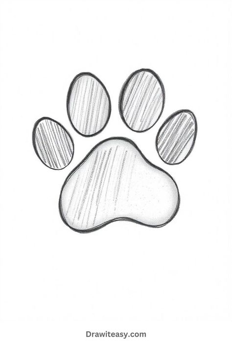 A monochrome illustration of a single animal paw print with shading in the pads. Simple Animal Drawing Ideas, Dog Paw Drawing Easy, How To Draw A Simple Dog, How To Draw A Dog Face, Dog Art Reference, Cartoon Dog Drawings, Cute Puppy Drawing Easy, Simple Pencil Sketches For Beginners, Doodle Dog Drawing