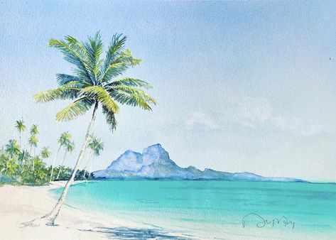 Beach Watercolour Painting, Beach Watercolor Paintings, Island Watercolor, Ocean Art Painting, Digital Art Journal, Landscape Painting Tutorial, Palm Trees Painting, Hawaiian Art, Summer Painting