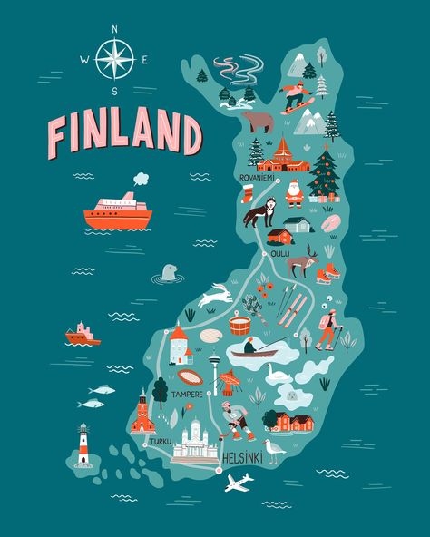 Finland Map, Geography For Kids, Illustrated Maps, Illustration Travel, Finland Travel, Map Travel, Long Time No See, No See, Travel Illustration