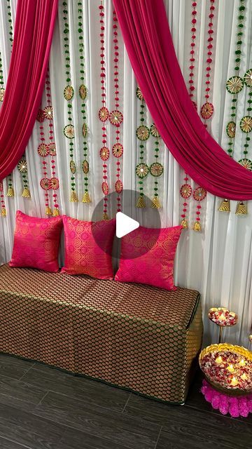 Himani Singh on Instagram: "Rakshabandhan decor inspo ❤️  Curtains: Amazon Decor: sent by my Mom from India 🥰  . . . #indianfestivedecor #rakshabandhandecor #rakshabandhan #diwalidecor #weddingdecor #ganpatidecor #janamashtmidecor #southasianblogger" Corner Decoration For Diwali, Cheap Traditional Drape Sets For Diwali, Draped Party Sets For Diwali, Diwali Curtain Decor, Diwali Subh Labh Hanging, Decoration For Diwali, Curtains Amazon, Amazon Decor, Raksha Bandhan