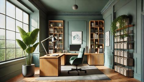 Create an Inspiring Office with These 10 Best Paint Colors Home Office With Green Walls, Paint Color For Office, Office Paint Colors Business, Color Drenched Office, Colorful Office Ideas, Green Office Ideas, Light Green Office, Office Color Ideas, Office Wall Paints