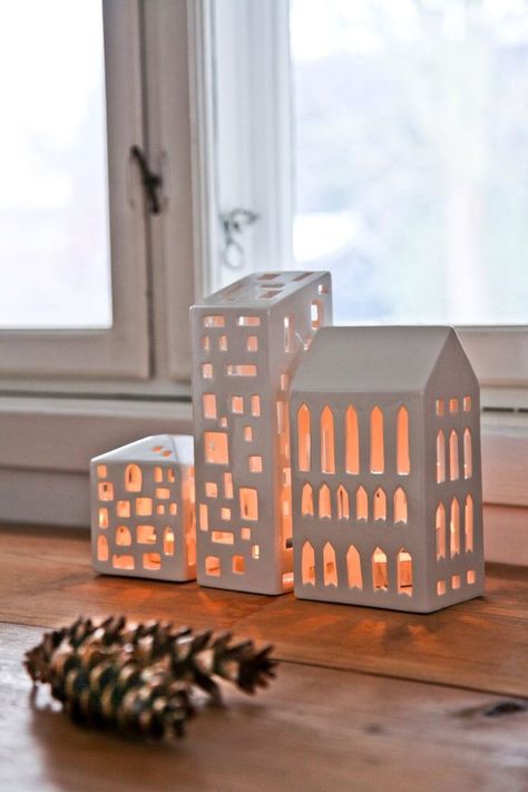 Amazon.com - Kahler Urbania Tea Light House - Ceramic Candle Holder - Apartment House - Ceramic Lantern, Pottery Houses, Clay Houses, Diy Ceramic, Ceramic Boxes, Slab Pottery, Ceramic Candle Holders, Style Deco, Ceramic Houses