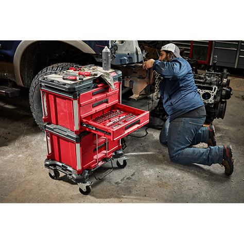 MILWAUKEE® PACKOUT™ 3-Drawer Tool Box | Milwaukee Tool Milwaukee Tool Box, Milwaukee Packout, Mechanics Tool Set, Tool Cart, Painting Ceiling Fans, Pressure Washer Accessories, Utility Cart, Milwaukee Tools, Modular Storage