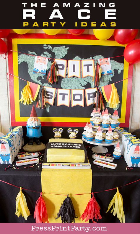 How to decorate for an Amazing Race party. Complete with printable invitation, clue cards, envelope stickers, banners, cupcake toppers, favor bags and boxes and more. All editable with your own text. Create your own clue cards and challenges with ease. Yellow, red, and black theme with the roaming gnome as a mascot. Plan the ultimate Amazing Race Party for adults, teens, school, or team. #partyideas #printables Press Print Party! Birthday Party Planner Printable, Map Route, Amazing Race Party, Clue Cards, Birthday Party Planner, Movie Themed Party, Paris Theme Party, The Amazing Race, Race Party