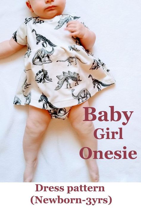 Baby Girl Onesie Dress pattern (Newborn-3yrs). This is a really great pdf pattern. You can choose between long and short sleeve. The dress has an overlapping neck, which makes it really easy to put it on and off. You can also use the pattern to make lap neck onesies without the skirt (which will be fit for boys too), and also a tunic dress - without the bottom part of the bodysuit. So many options to dress up your cutie! #SewModernKids #SewingForBabies #SewingForToddlers #SewAGirlsDress Infant Dress Pattern Free, Newborn Dress Pattern, Sewing Projects For Baby Girl, Newborn Sewing Patterns, Baby Clothes Patterns Free, Onesie Sewing Pattern, Homemade Baby Clothes, Sewing Patterns For Baby