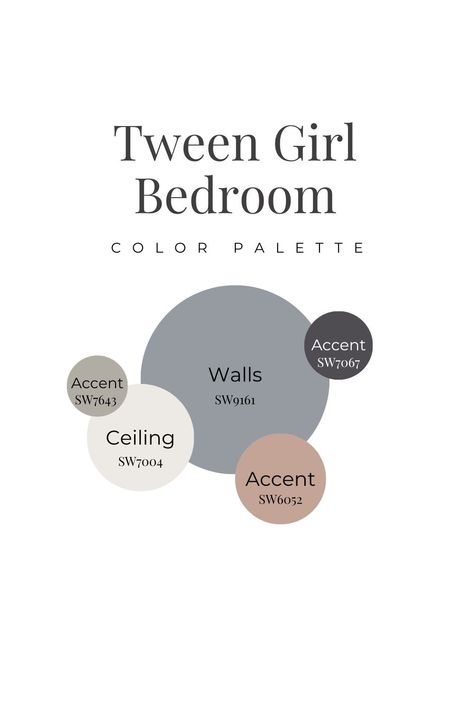 Color palette and design board for tween girl bedroom with blue, gray, and pink Teen Girl Bedroom Paint Colors, Girls Room Paint Colors, Bedroom Color Palette, Bedroom Paint Colors Grey, Blue Girls Rooms, Girls Bedroom Paint, Girls Room Paint, Popular Color Schemes, Girls Room Colors