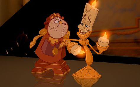 Sacré bleu, the first ~official~ pictures of Lumiere and Cogsworth from "Beauty and the Beast" are here! Male Disney Characters, Lumiere Beauty And The Beast, Disney Dudes, Disney Duos, Beauty And The Beast Wallpaper, Disney Sidekicks, Wallpaper Rosa, Beast Wallpaper, Disney Belle