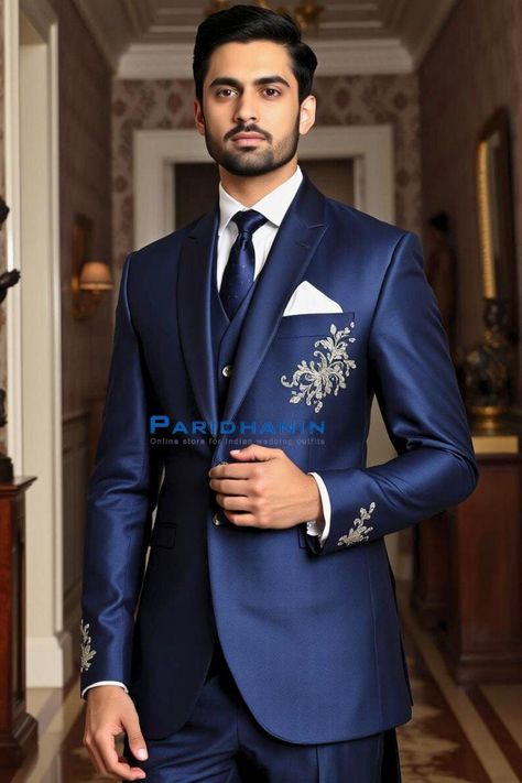 =>UNIQUE CREATION - PLEASE RESPECT COPYRIGHT<= All images and content on this site are exclusively crafted and owned by Paridhanin. Unauthorized copying, sharing, or reproduction is prohibited and will be subject to legal action. Experience sophistication with this royal blue groom suit, featuring intricate silver embroidery on the chest and cuffs. Crafted from premium fabric, it offers a tailored fit and a luxurious finish. Ideal for grooms looking for a unique blend of traditional elegance and Navy Blue Wedding Suit Groom Attire, Royal Blue Groom Suit, Royal Blue Suits For Men, Gold And Royal Blue Wedding, Royal Blue Suit Men, Royal Blue Groom, Royal Blue Suit Wedding, Outfit For Groom, Blue Groom Suit