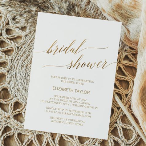 Elegant Gold Calligraphy Bridal Shower Invitation Bridal Shower Gold Theme, White And Gold Bridal Shower Ideas, Gold Bridal Shower Ideas, Bridal Shower Elegant, Romantic Minimalist, Whimsical Typography, Minimalist Card, White Bridal Shower, Minimalist Cards