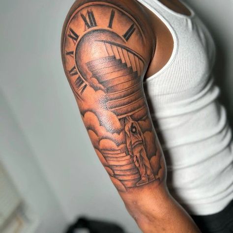 Shoulder To Bicep Tattoo, Medium Size Arm Tattoo Men, Sky’s The Limit Tattoo, Upper Arm Quote Tattoo, Outer Bicep Tattoo Men Ideas, Upper Arm Tattoo Men Half Sleeves Design, Unique Shoulder Tattoo For Men, Inside Forearm Tattoos, Best Shoulder Tattoos Men