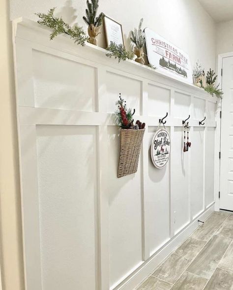 Wallpaper And Wainscoting Foyer, Board And Batten Hall Tree, Modern Board And Batten Wall Entryway, Board And Batten Staircase Wall Entryway, Laundry Room Wainscoting Ideas, Laundry Room Wainscoting, Entrance Accent Wall, Pony Wall Ideas, Simple Farmhouse Bedroom