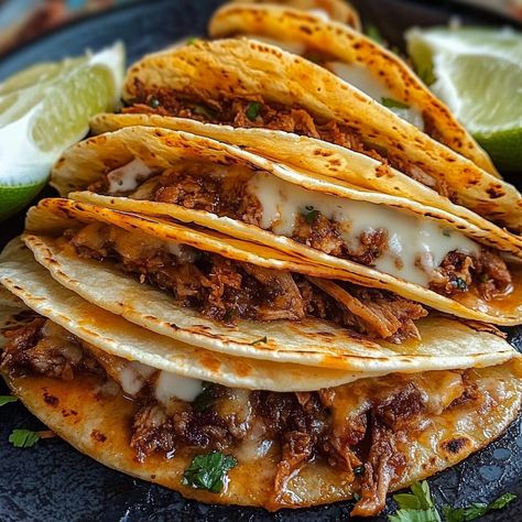 Tacos Easy Recipes, Quesabirria Recipe, Quesabirria Tacos Recipe, Scalloped Potatoes With Bacon, Quesabirria Tacos, Bacon Scallops, Mexican Entrees, Tacos Easy, Birria Tacos