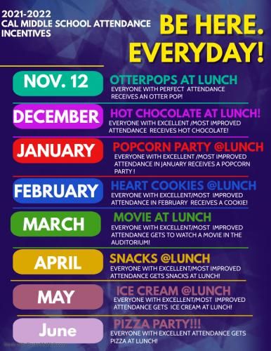 Monthly Attendance Celebrations - California Middle School Elementary School Committees, Attendance Leader Board, Pbis Celebrations Elementary, Elementary Asb Ideas, Attendance Party Ideas, Take Attendance Reminder, Perfect Attendance Party Ideas, Perfect Attendance Treats, Attendance Rewards Elementary