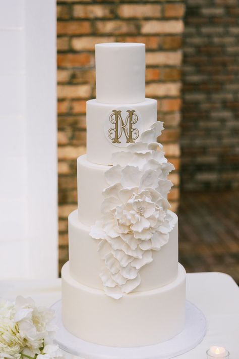 wedding cake, florals, petals, monogram Wedding Cake Monogram, Wedding Cake Monogram Initials, Wedding Cake Initials, Cake Florals, 5 Tier Wedding Cakes, Wedding Cake With Initials, Monogram Wedding Cake, Square Wedding Cakes, Amazing Wedding Cakes