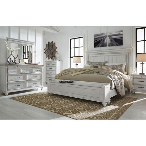 Signature Design by Ashley Kanwyn 4 Piece King Bedroom Set in Distressed Whitewash | Nebraska Furniture Mart Idea Bilik Tidur, 5 Piece Bedroom Set, King Storage Bed, Bookcase Headboard, Queen Panel Beds, King Bedroom Sets, Bedroom Sets Queen, Bedroom Panel, Queen Bedroom