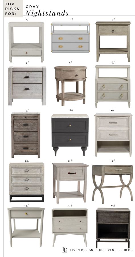 gray nightstands. charcoal nightstand. traditional nightstand. wood bedside tables. ash bedside table. whitewash nightstand. modern white nightstand. reclaimed wood. bedroom furniture. interior design trends. cream nightstand with drawers. nightstand with shelf. 2 drawer nightstand. modern nightstand. farmhouse nightstand. rustic. antique nightstand. vintage bedside table. marble nightstand. #home #nightstand #bedroom #interiordesign Light Grey Nightstand Bedroom, Cream Nightstand Bedside Tables, What Color Nightstand With Grey Bed, Whitewash Nightstand, Charcoal Nightstand, Whitewashed Nightstand, Grey Nightstand Bedroom, Ash Nightstand, Cream Nightstand