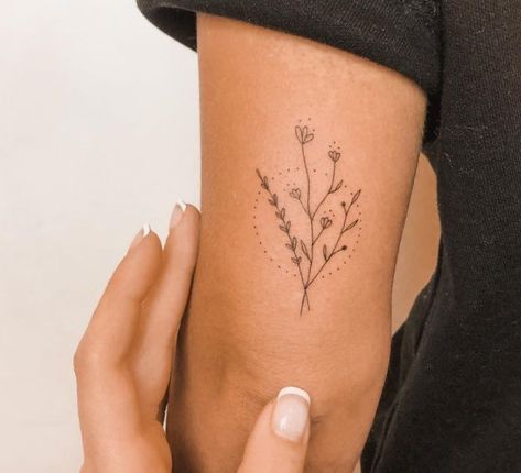 Minimalist Tattoo Back Of Elbow, Tiny Wildflower Tattoo Simple, Womens Above Elbow Tattoo, Small Forearm Flower Tattoo, Small Tattoo Back Of Arm Above Elbow, Minimalist Tattoo Floral, Back Of Elbow Flower Tattoo, Back Arm Tattoo Women Minimalist, Cute Simple Arm Tattoos For Women