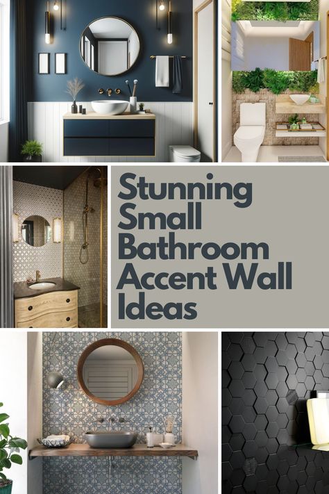 Transform your small bathroom into a stylish sanctuary with these 15 designer accent wall ideas! From bold tile patterns and vintage wallpaper to natural stone and mirrored walls, these creative touches add personality and elegance to compact spaces. Explore options like reclaimed wood, metallic accents, and shiplap panels to make a big impact without overwhelming the room. Perfect for refreshing your bathroom with a unique and stunning focal point! Small Bathroom Accent Wall Ideas, Small Bathroom Accent Wall, Bathroom Accent Wall Ideas, Small Rustic Bathroom Ideas, Bathroom Door Ideas, Bathroom Wall Coverings, Bathroom Feature Wall, Accent Wall Panels, Bold Tile