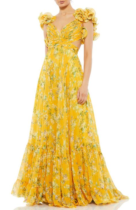 Designer Formal Dresses, Chiffon Floral, Printed Long Dresses, Mac Duggal, Chiffon Gown, Chiffon Ruffle, Floral Chiffon, Gorgeous Gowns, Chiffon Fabric