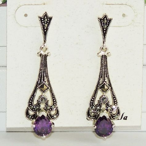 Genuine Marcasite Fine Silver Plated Amethyst Earrings - This Beautiful Art Deco Style Dangle Earrings Are Sterling Silver With A Natural Amethyst And Studded With Marcasites. 1 3/4" Long Marcasite Earrings, Engraved Earrings, Betsey Johnson Earrings, Yellow Quartz, Retro Earring, Purple Art, Glitter Earrings, Tassel Drop Earrings, Bell Pendant